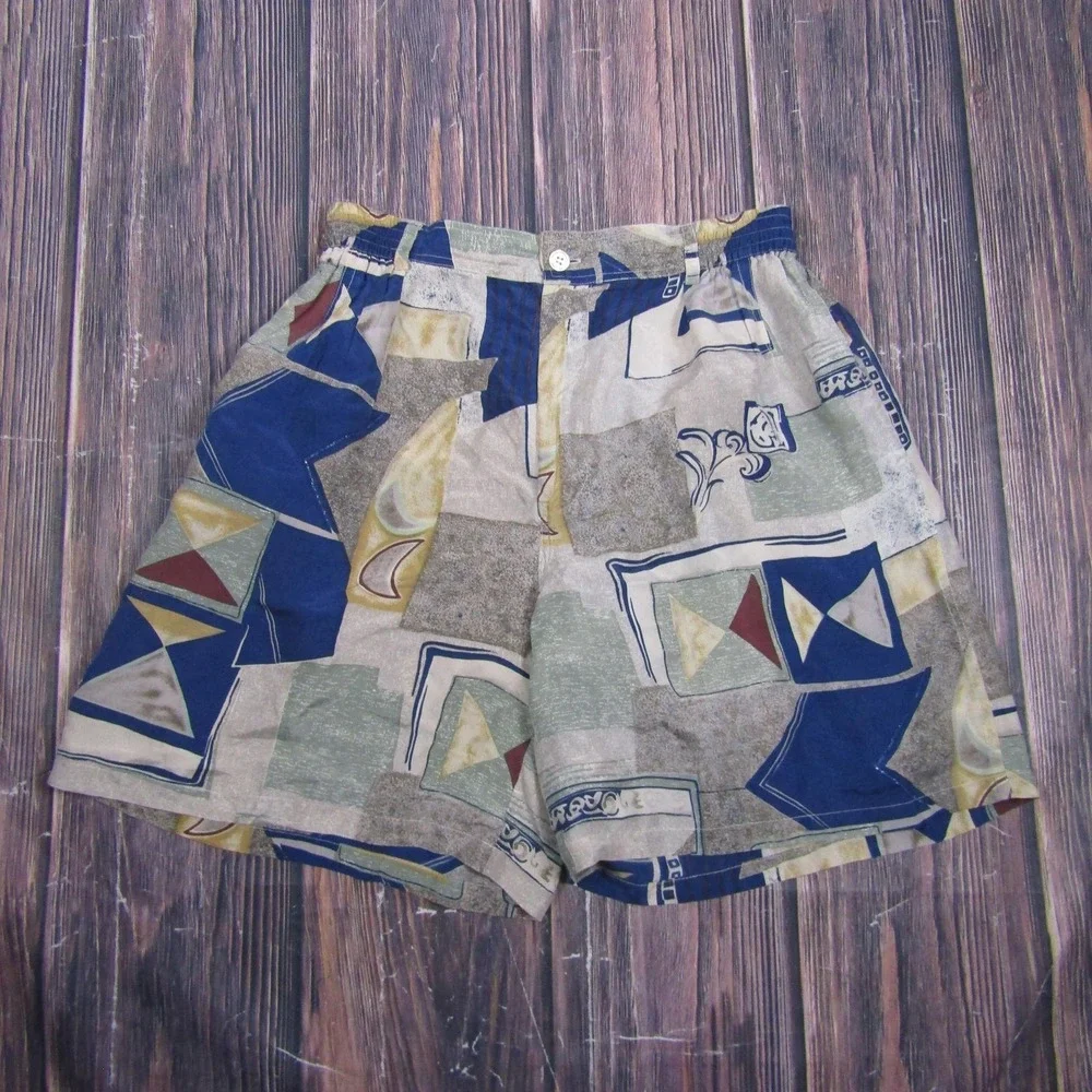 Snow Womens Size 29 Beige Silk Bermuda Shorts Geometric Elastic Waist Vintage